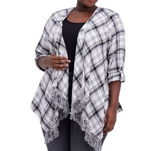 Torrid Black White Flannel Drape Fringe Hem 3rd Piece Kimono Jacket Plus Size 2X